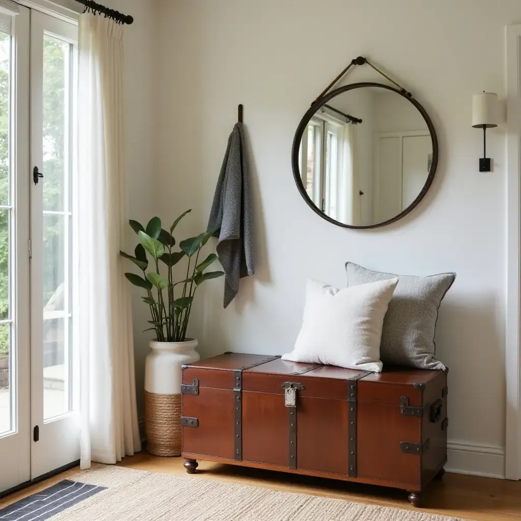 a photo of a cozy entryway featuring a vintage trunk for storage