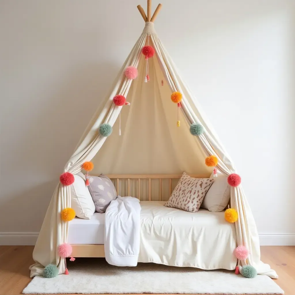 a photo of a playful canopy bed with colorful pom-poms and tassels