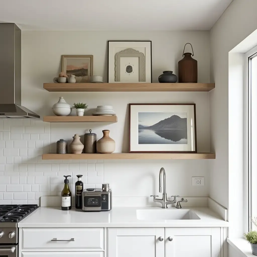 a photo of open shelving with a mix of framed art and stylish kitchenware