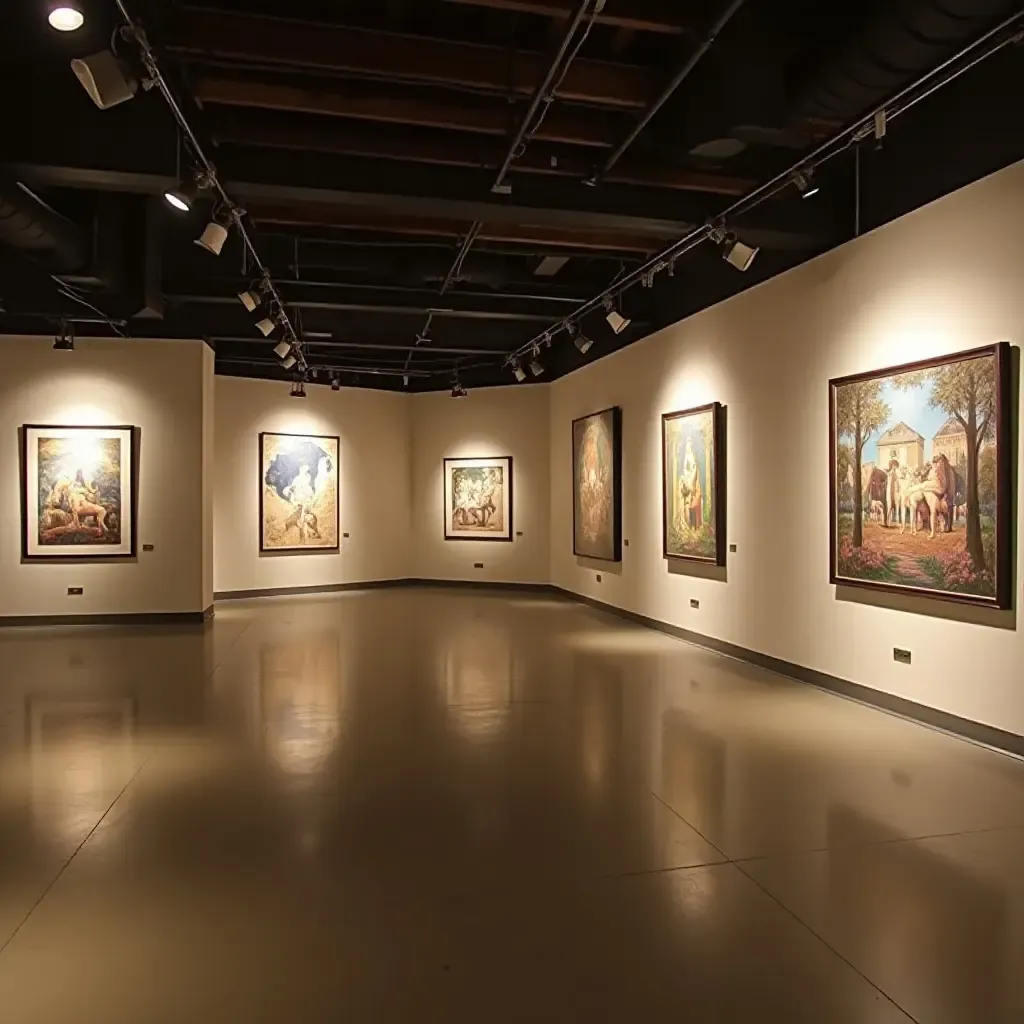 a photo of a basement art gallery with adjustable display options and lighting