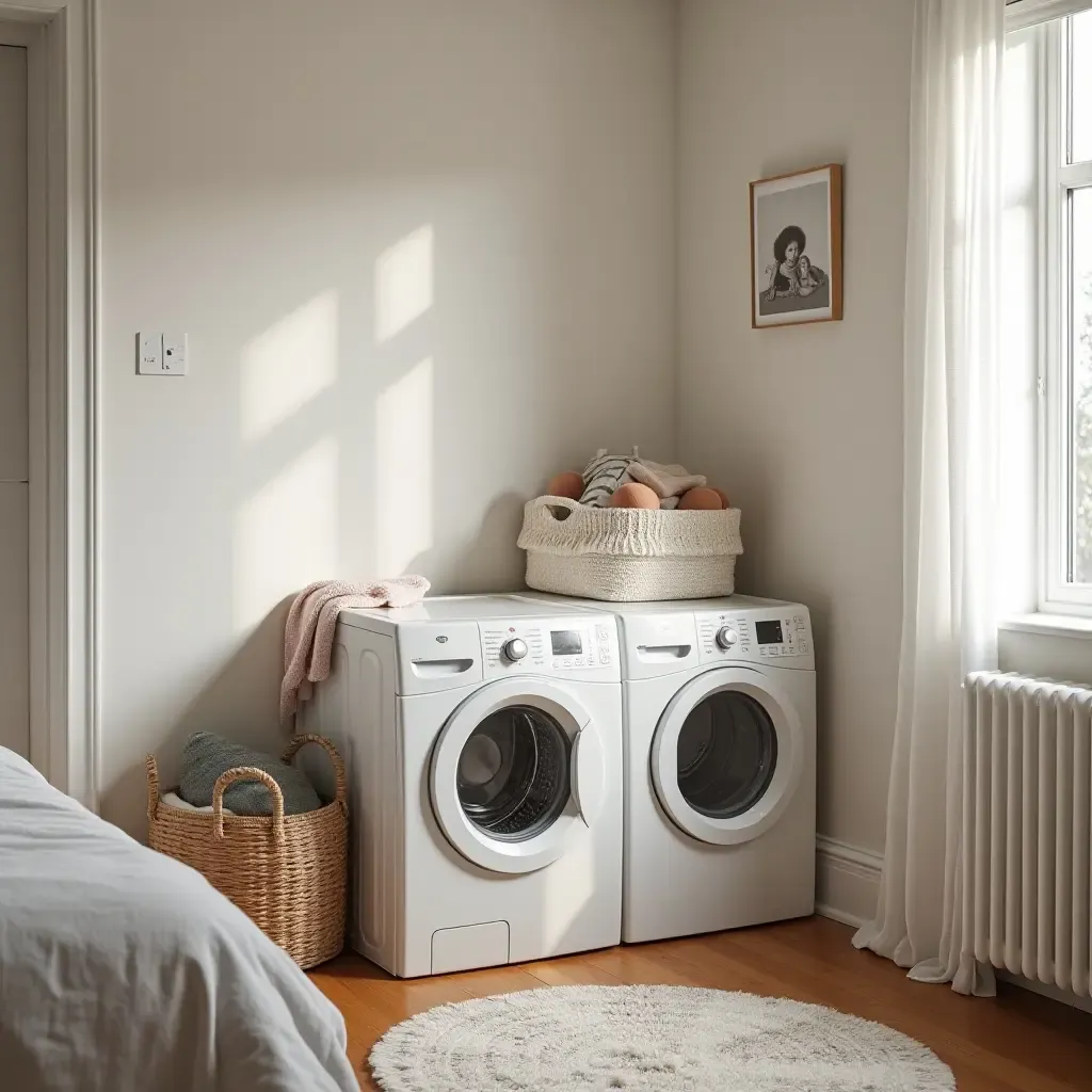 a photo of a cozy teen bedroom with a laundry basket solution