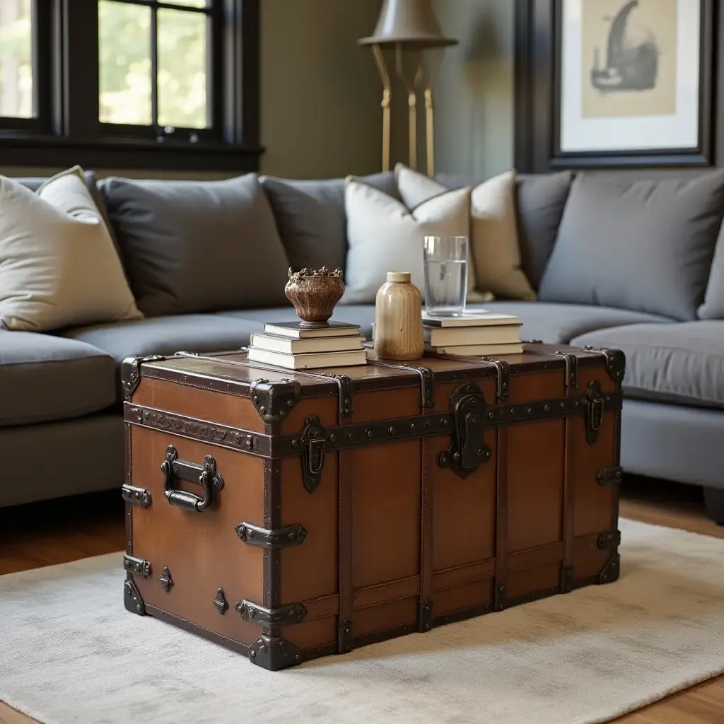 a photo of a vintage trunk used as a coffee table with books