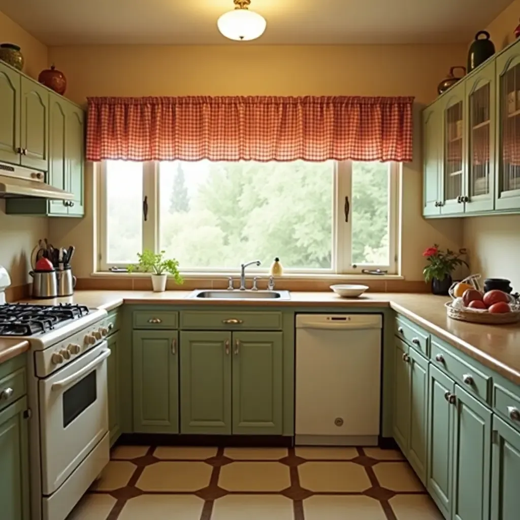 a photo of a vintage kitchen with retro appliances and checkered curtains