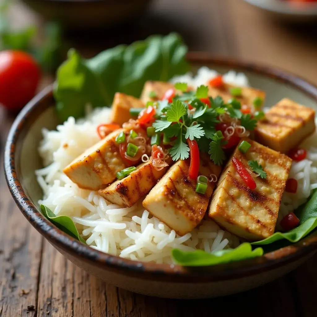 a photo of traditional Vietnamese vegetarian com tam with grilled tofu and broken rice