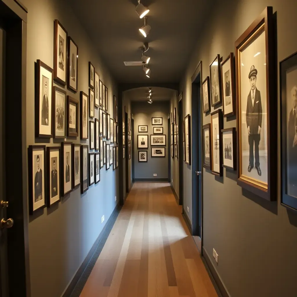 a photo of a corridor with a gallery wall of vintage photos