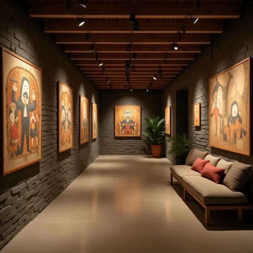 a photo of a basement with wooden art displays