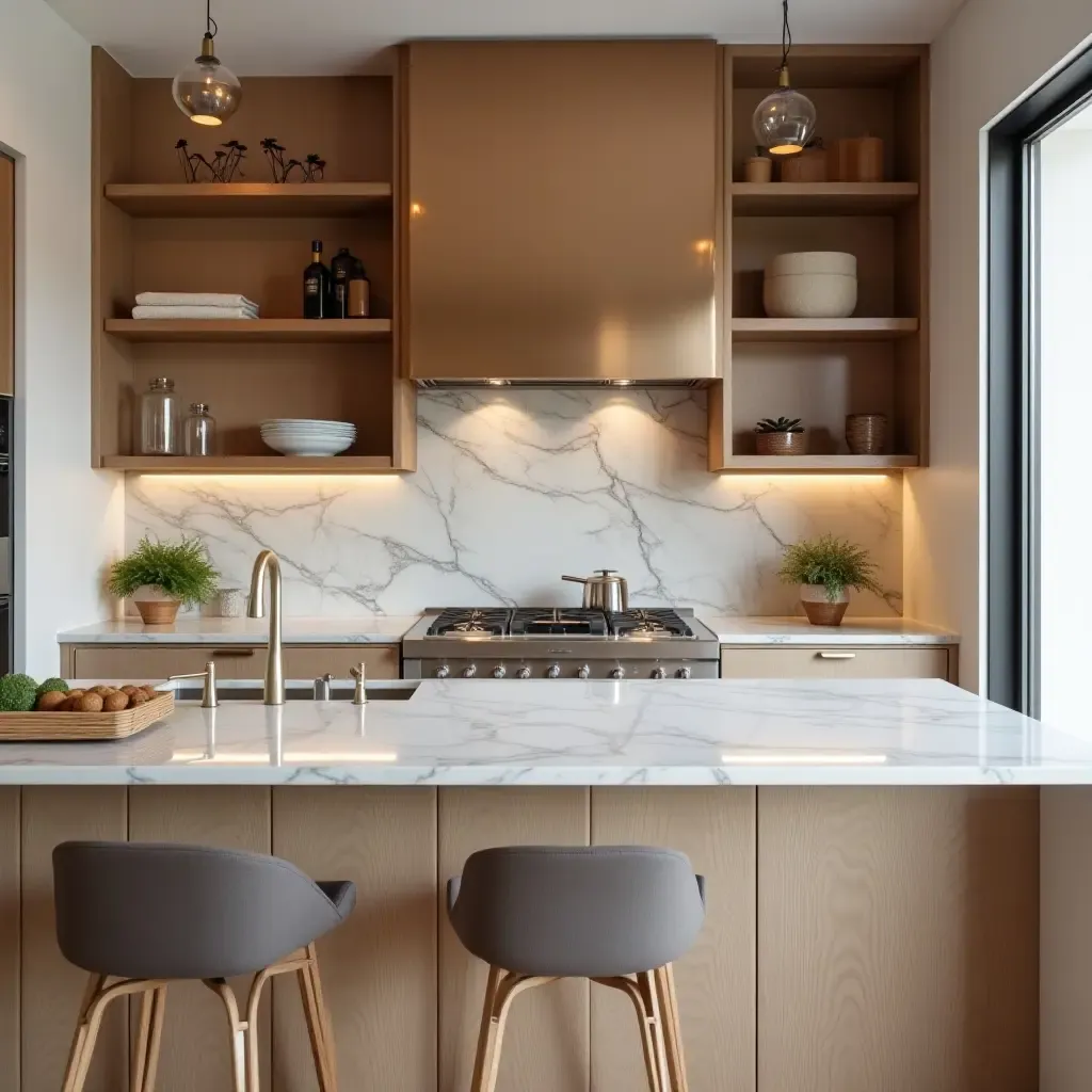 a photo of an elegant kitchen with copper shelves