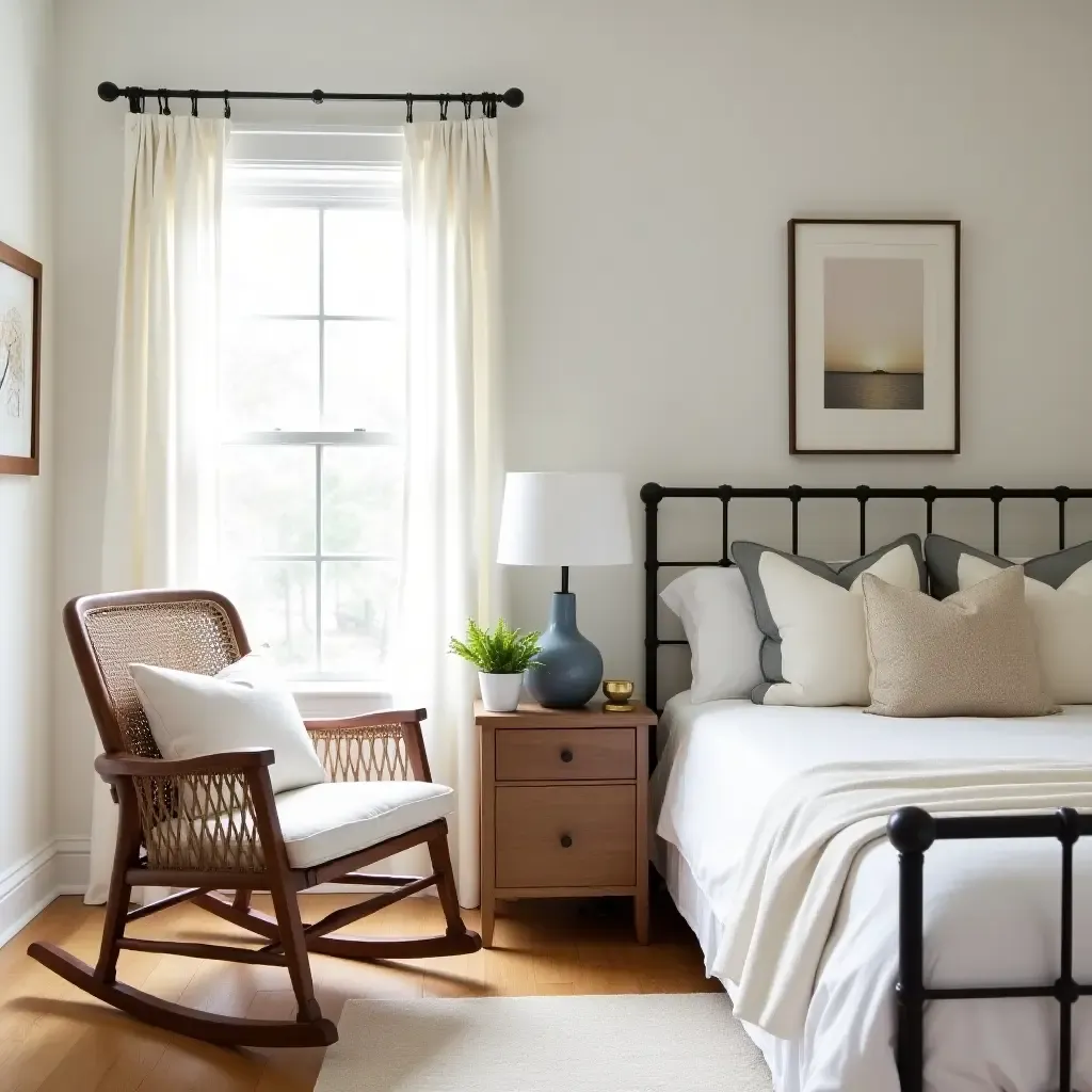 a photo of a charming bedroom featuring a farmhouse-style rocking chair and decor