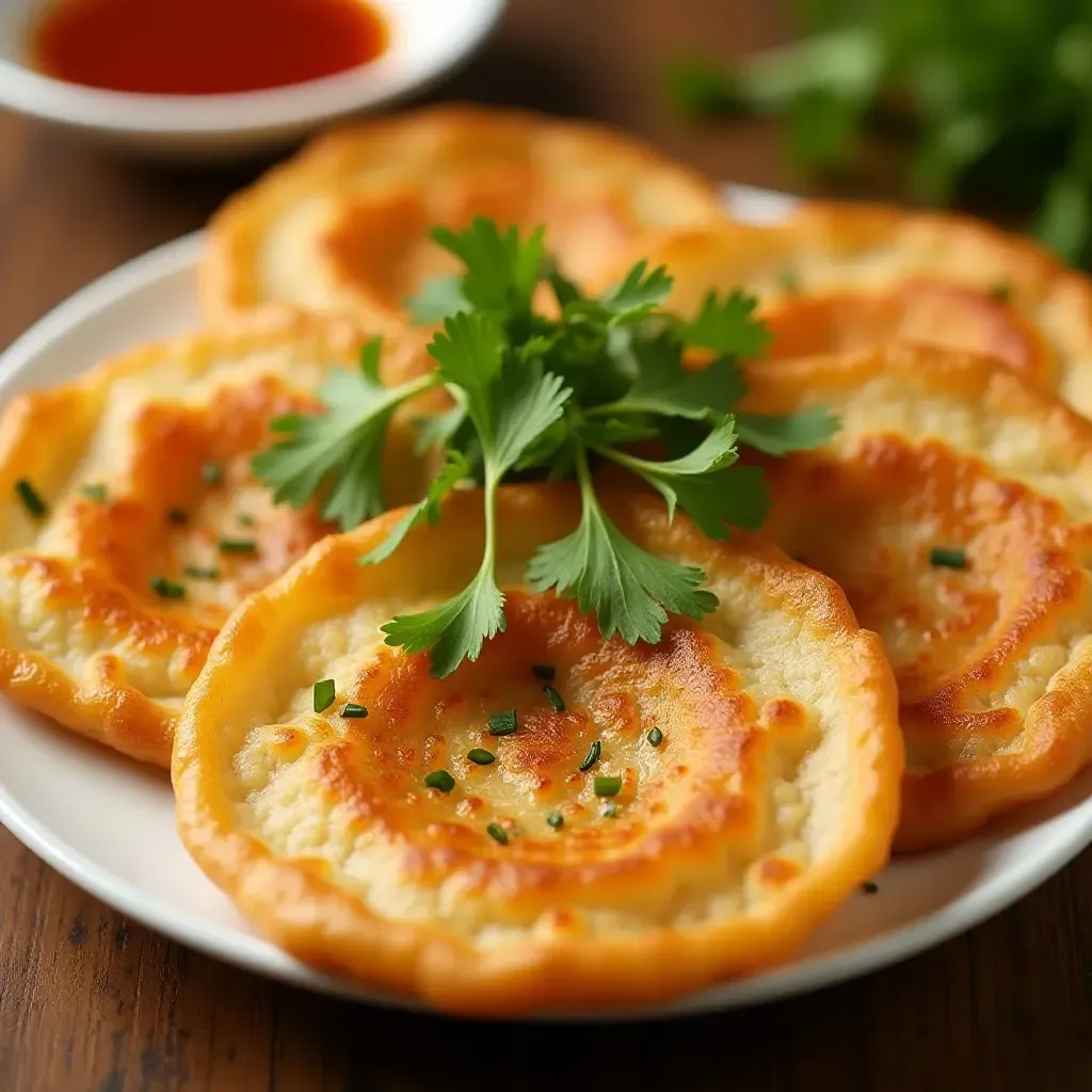 a photo of Banh Xeo, a crispy Vietnamese pancake, served with fresh herbs and dipping sauce.