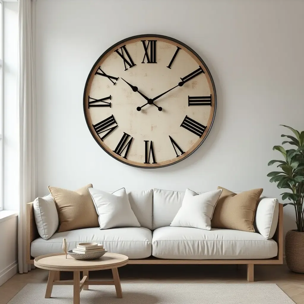 a photo of a living room wall featuring a large clock as art