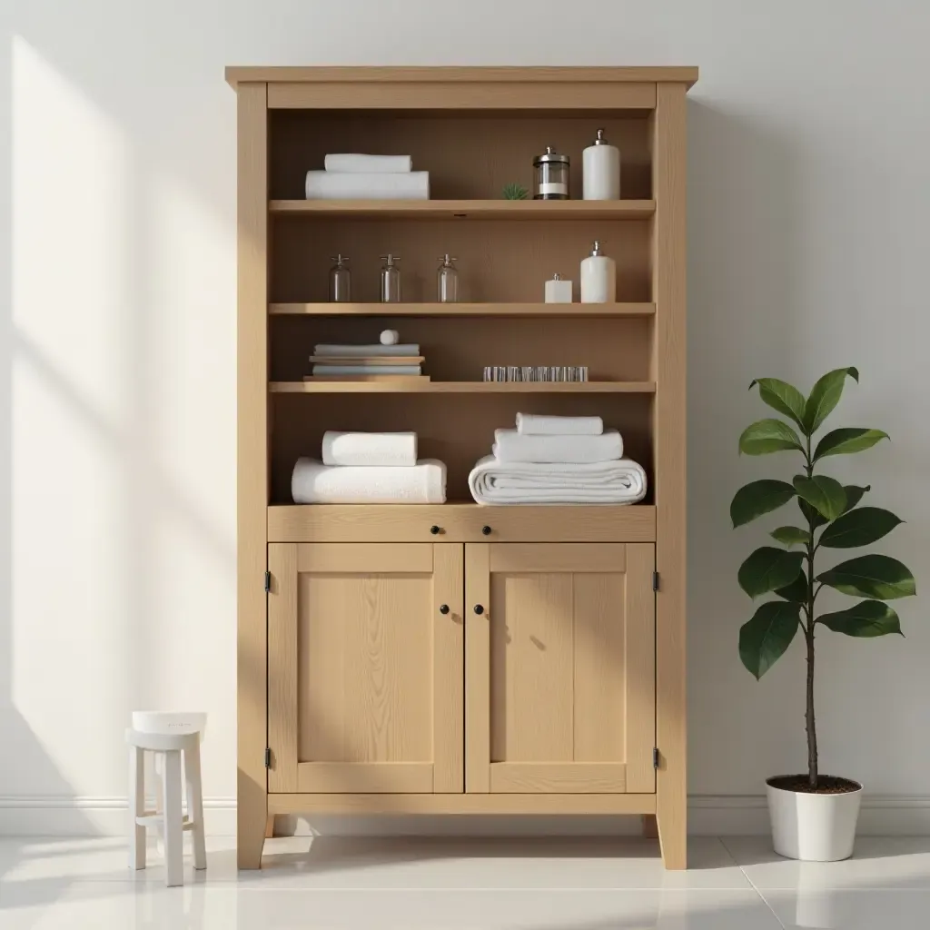 a photo of a wooden cabinet with open shelving for towels in a bathroom