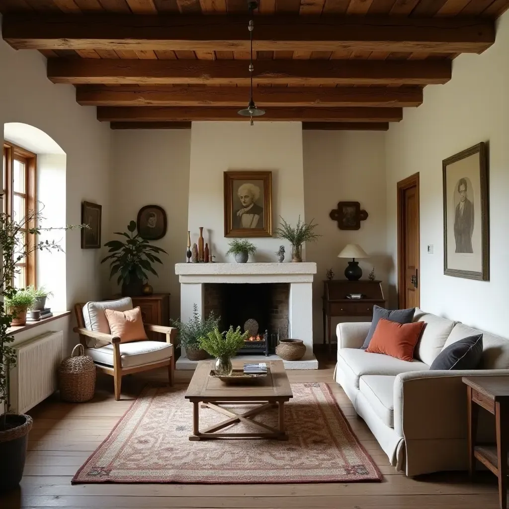 a photo of a rustic living room with wooden beams and vintage decor