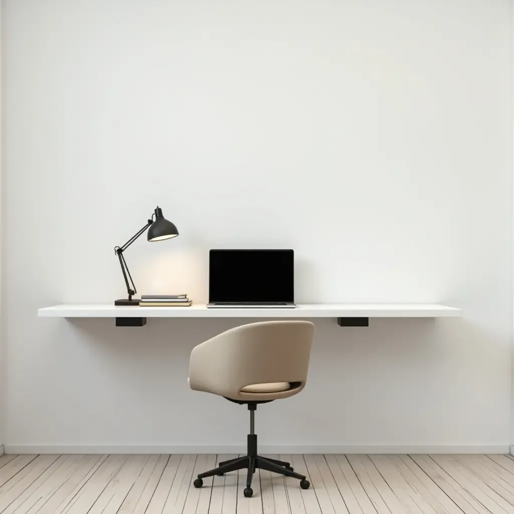 a photo of a wall-mounted desk in a minimalist home office