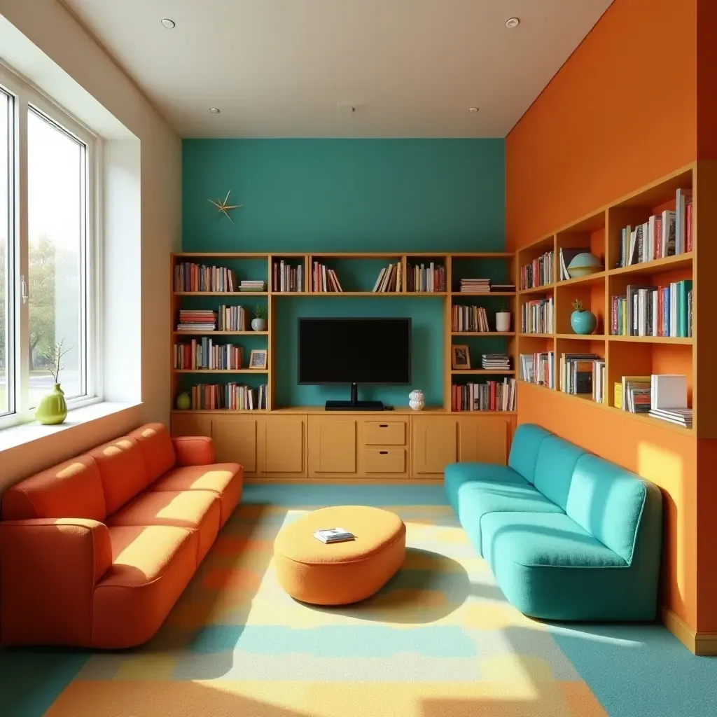 a photo of a cheerful orange and turquoise library with fun seating options