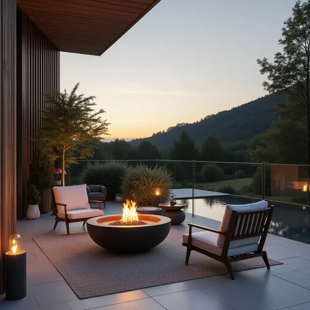 a photo of a contemporary balcony with a fire bowl and lounge chairs