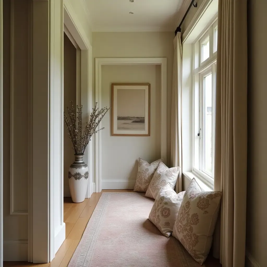 a photo of a chic corridor featuring throw pillows with intricate embroidery