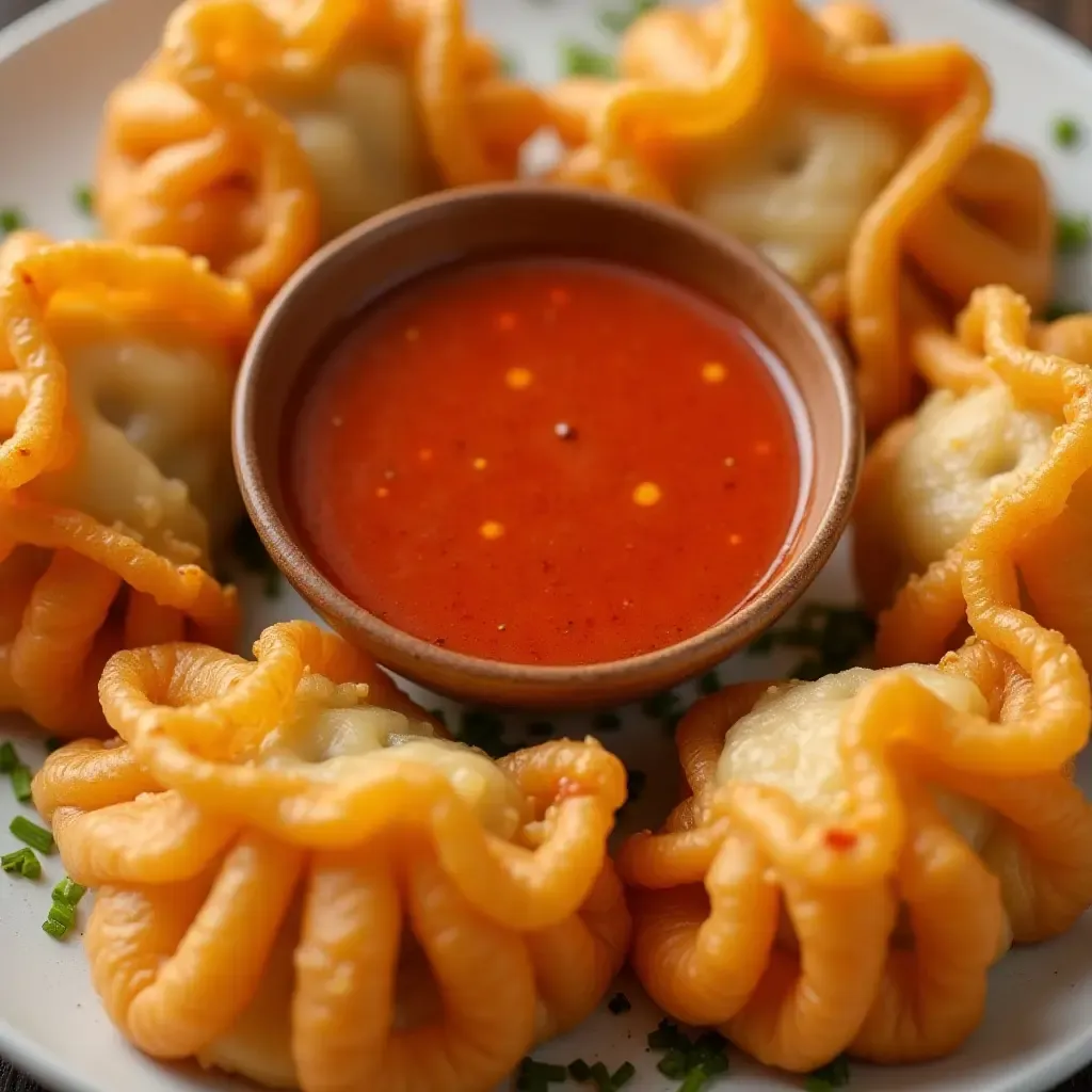 a photo of gochujang-based dipping sauce in a small bowl, surrounded by crispy fried dumplings.