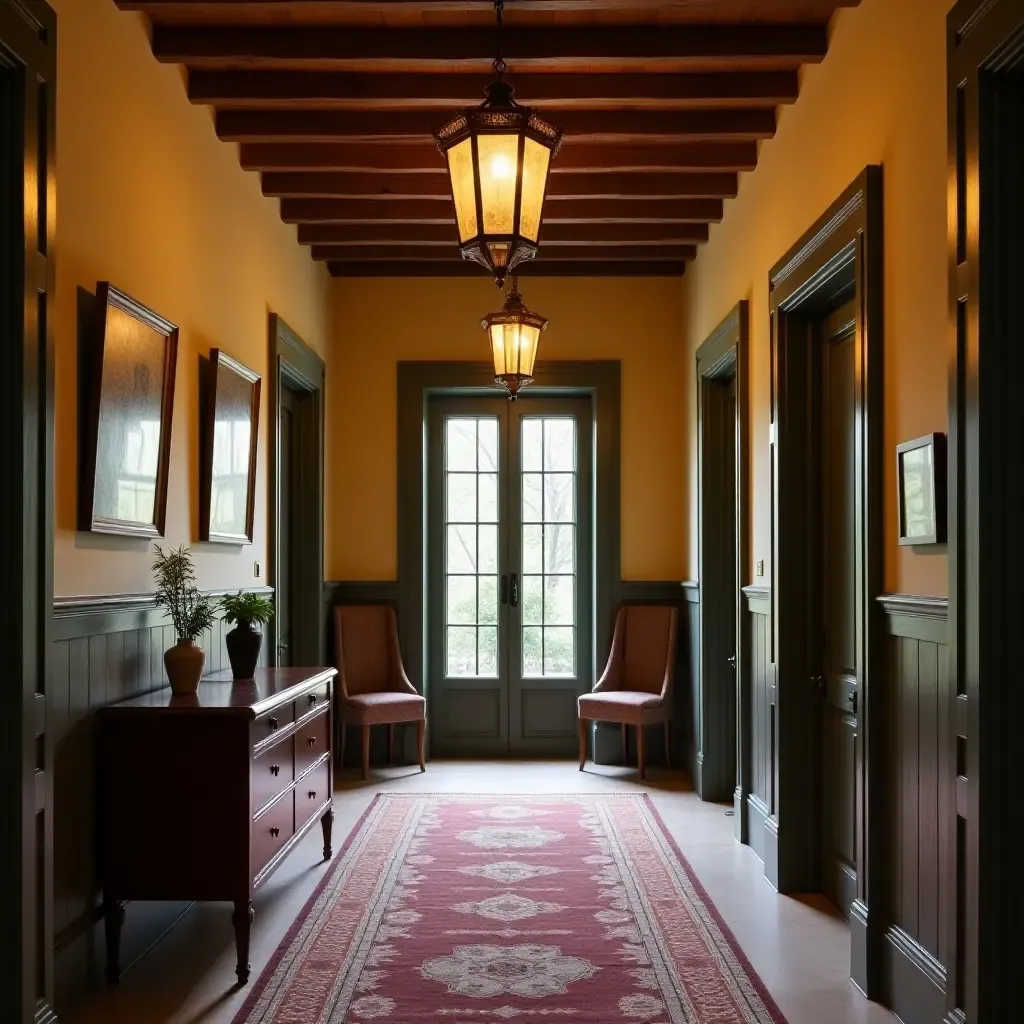 a photo of a stylish corridor with vintage lanterns and patterned rugs