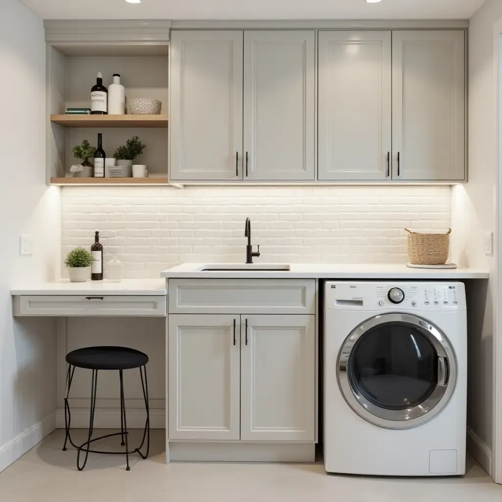 a photo of a stylish basement laundry room with organization tips