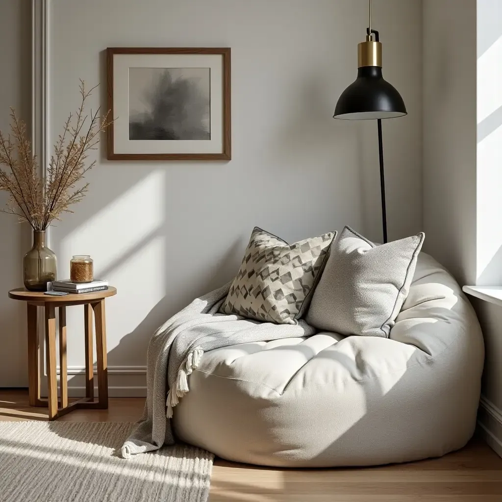 a photo of a chic basement lounge with geometric throw pillows on a bean bag