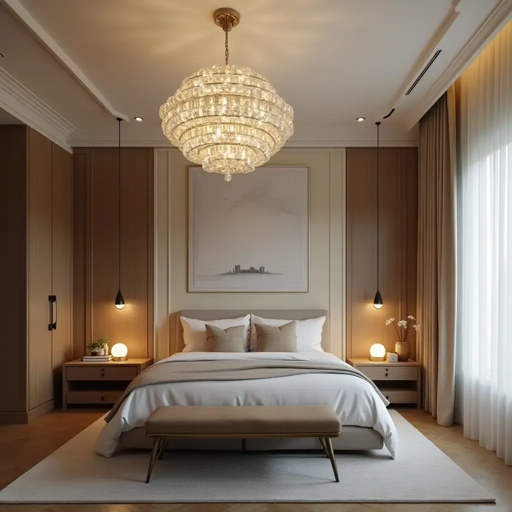 a photo of an elegant bedroom with crystal pendant fixtures