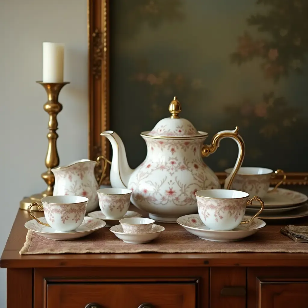 a photo of a vintage tea set displayed on a sideboard