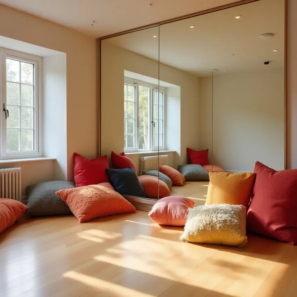 a photo of a basement dance studio with colorful throw pillows on a mirrored wall