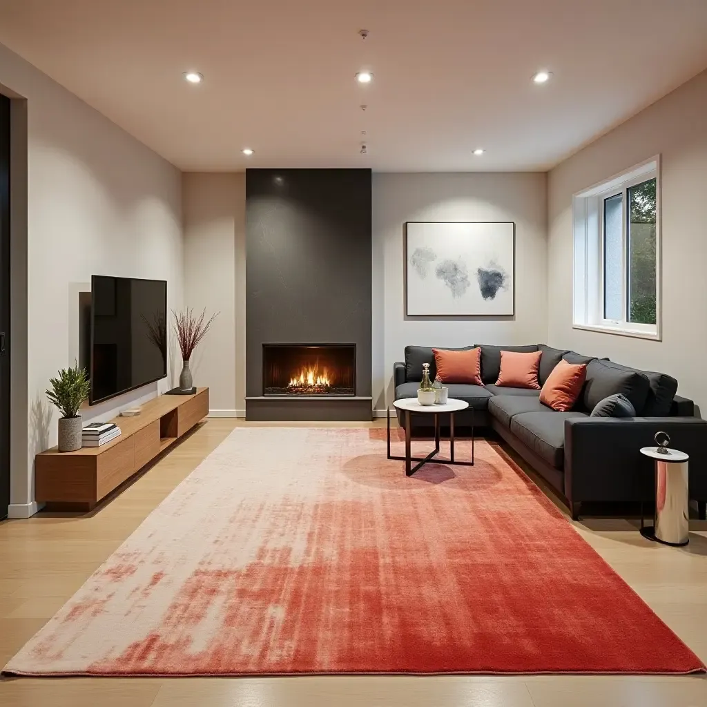 a photo of a chic, modern rug with a pop of color in a basement