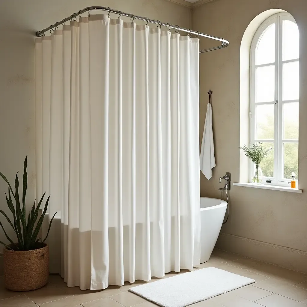 a photo of a bathroom with a Mediterranean-style shower curtain