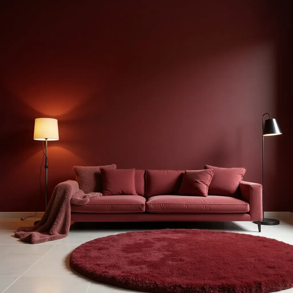 a photo of a maroon living room featuring a plush area rug and stylish floor lamps