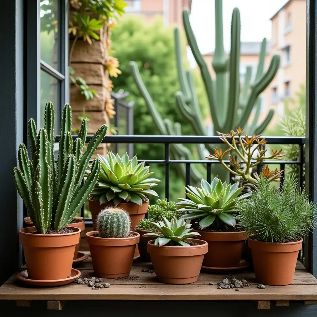 a photo of a balcony garden with a mix of succulents and cacti