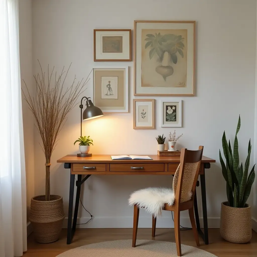 a photo of a charming desk area with vintage accessories and a cozy chair