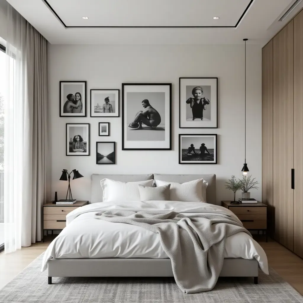 a photo of a sophisticated bedroom showcasing a gallery wall of black and white photography