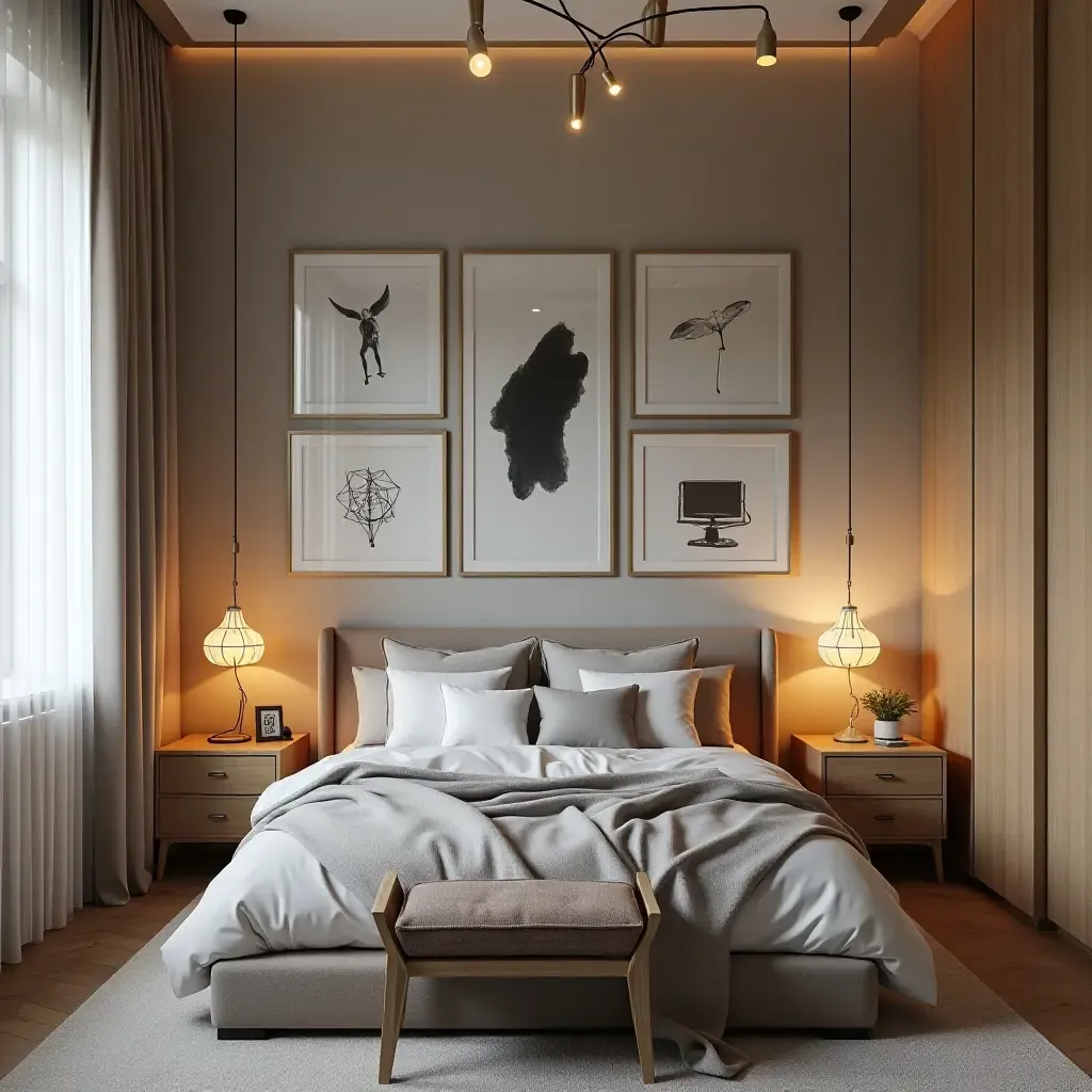 a photo of an artistic bedroom with a gallery wall and unique lighting fixtures