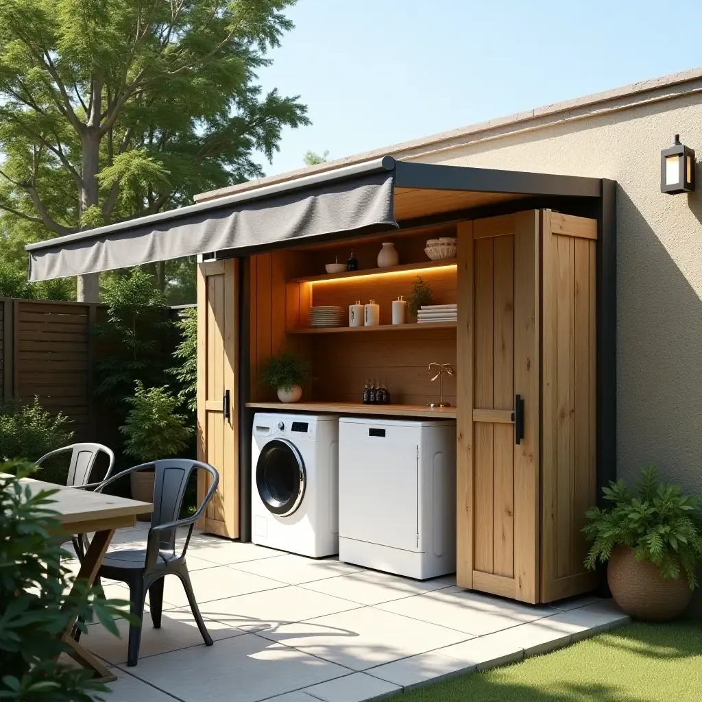 a photo of an outdoor laundry area with a stylish awning for sun protection