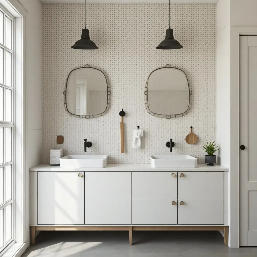 a photo of a bathroom featuring a trendy pegboard for tools