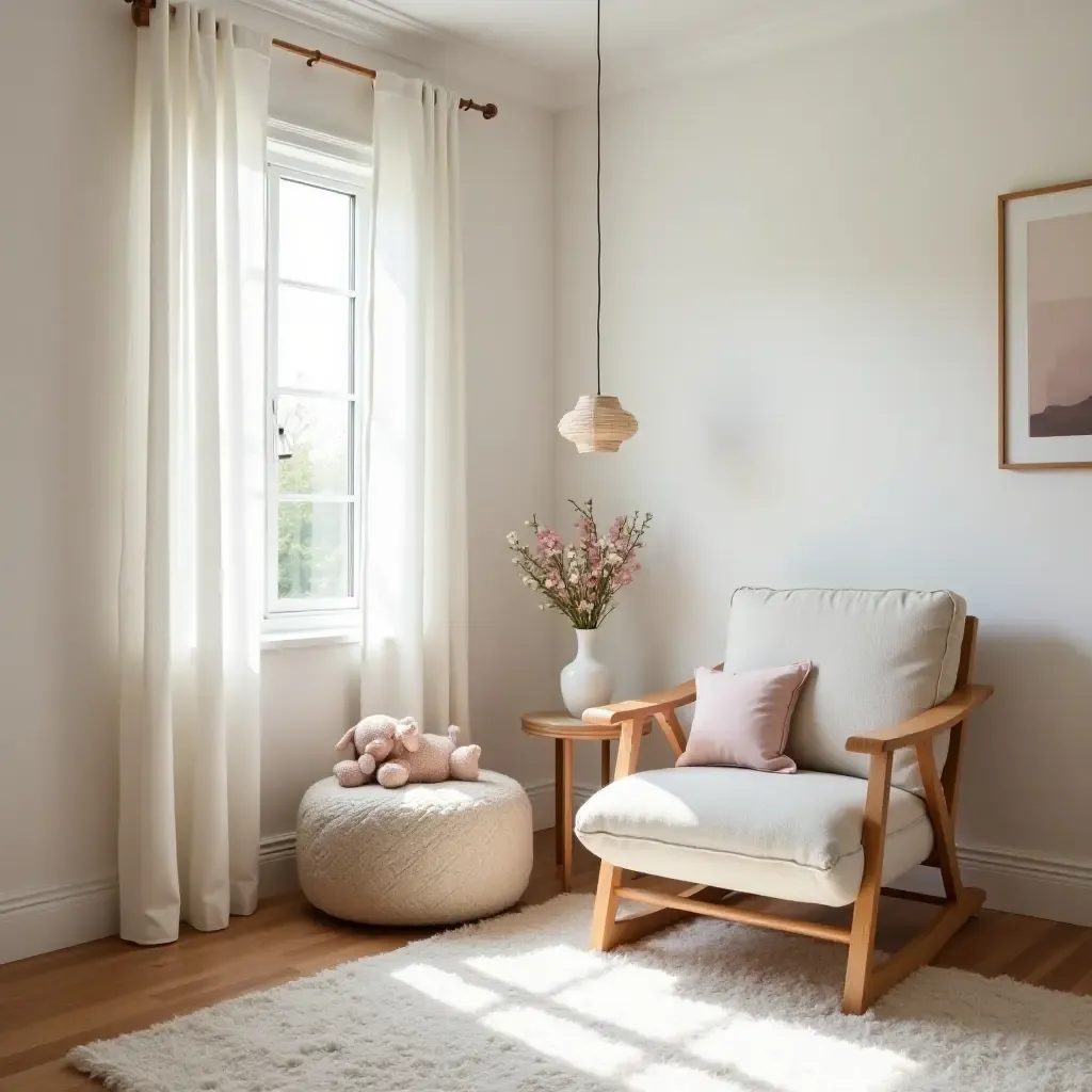 a photo of a nursery featuring a reading nook with a unique chair design