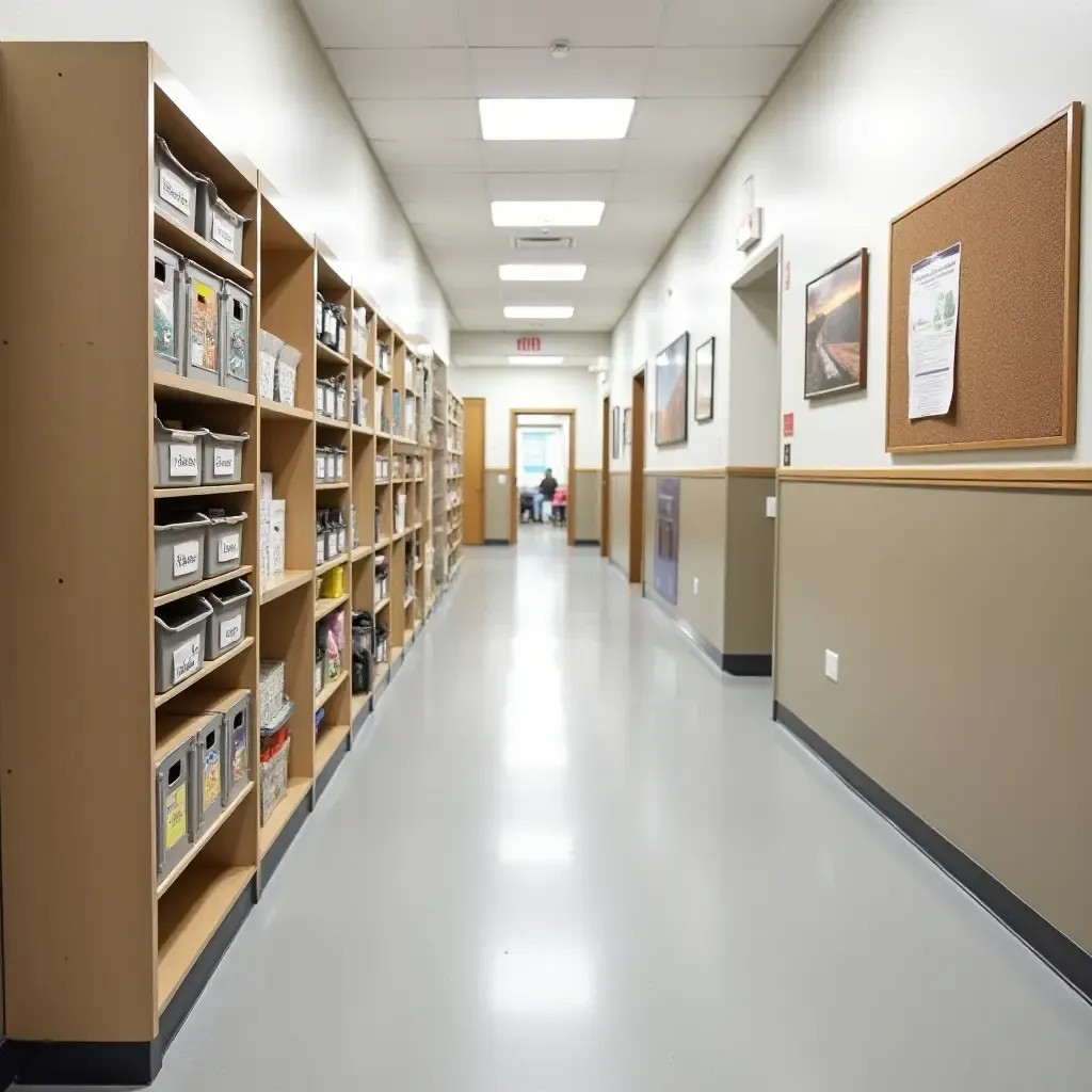 a photo of a functional corridor with labeled storage bins and a bulletin board