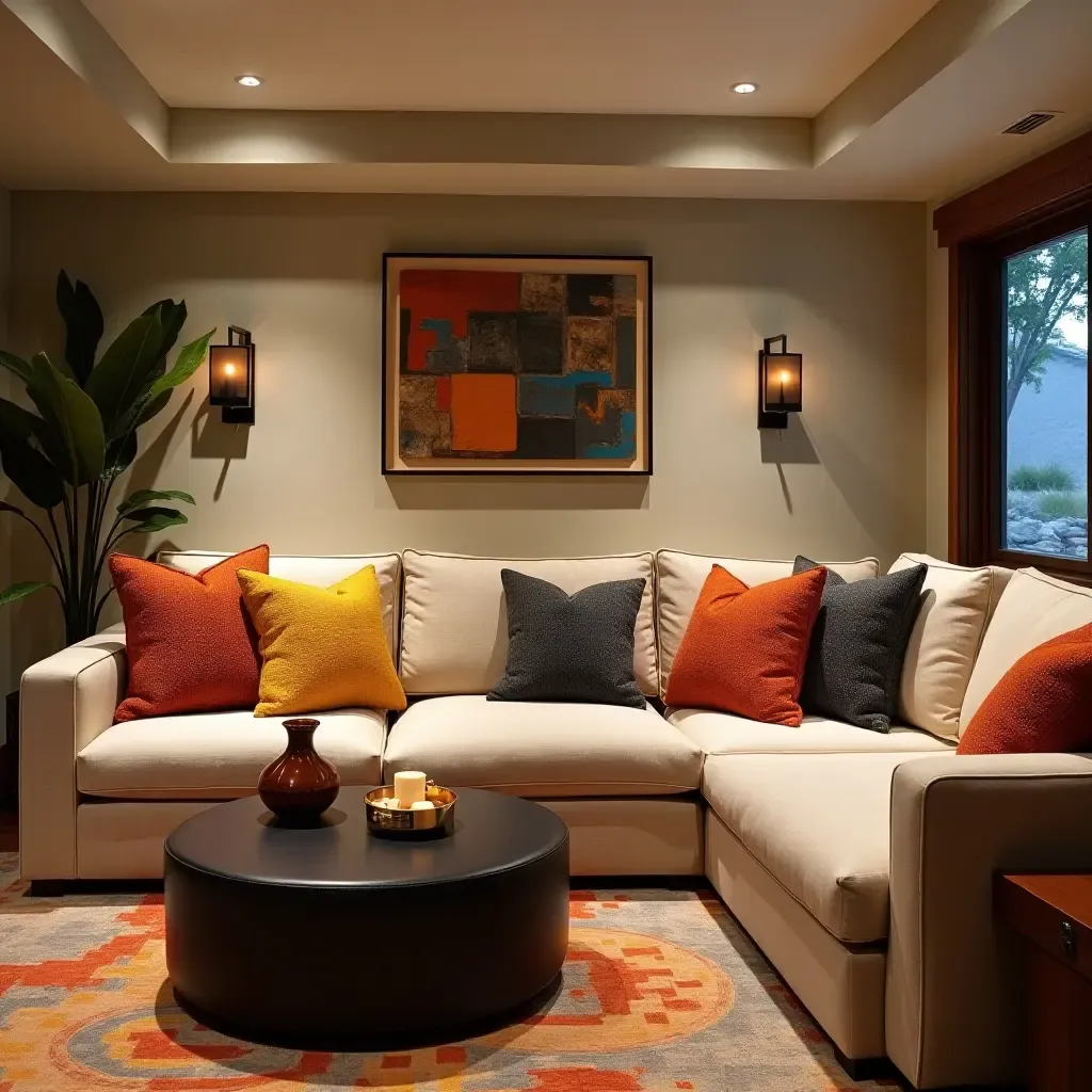 a photo of a cozy basement with vibrant throw pillows on a sectional sofa