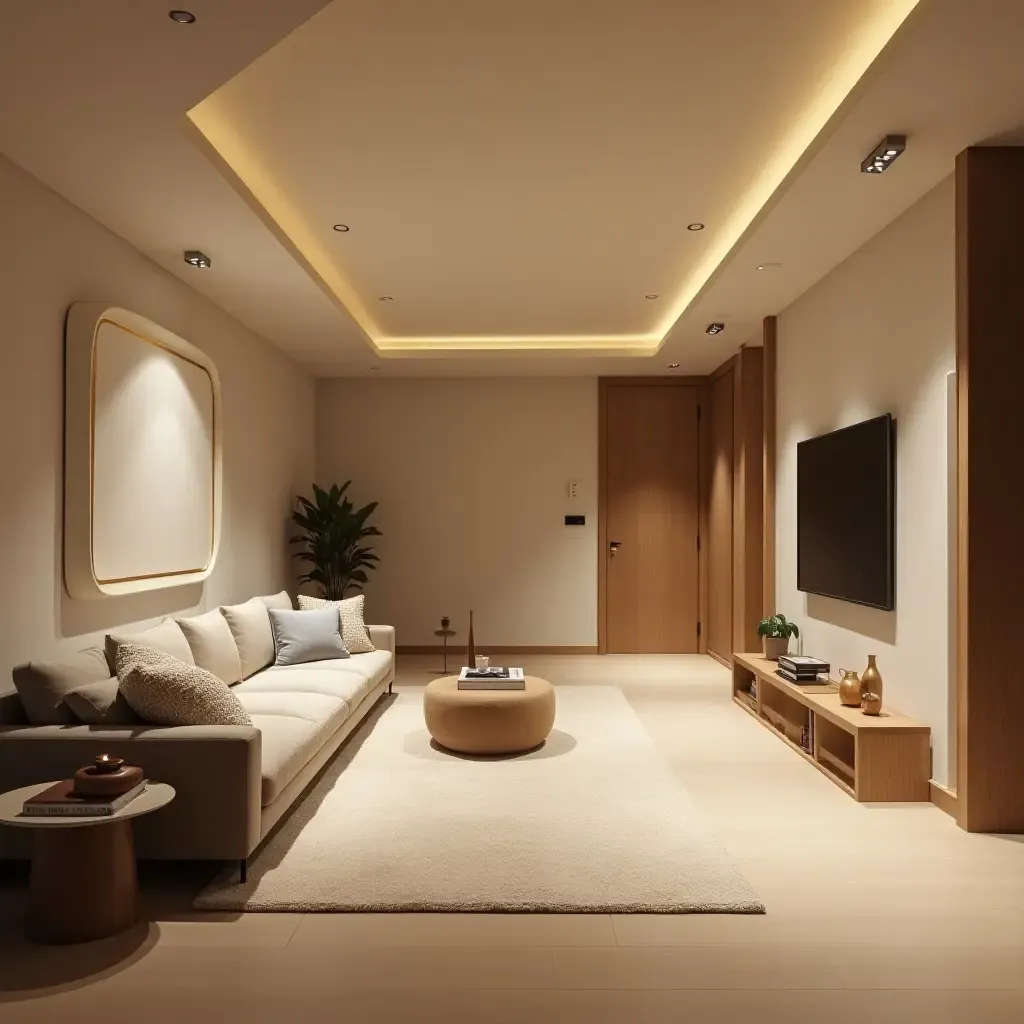 a photo of a spacious basement with airy decor and soft lighting