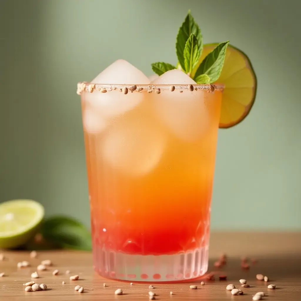 a photo of a vibrant glass of Nannari Sherbet with basil seeds and a slice of lime.