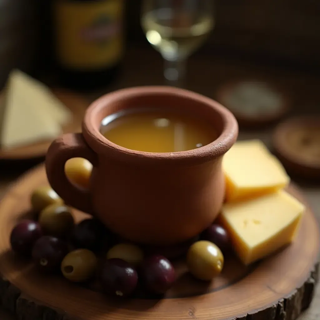 a photo of a traditional clay cup filled with tsipouro, surrounded by olives and cheese, in a rustic tavern.