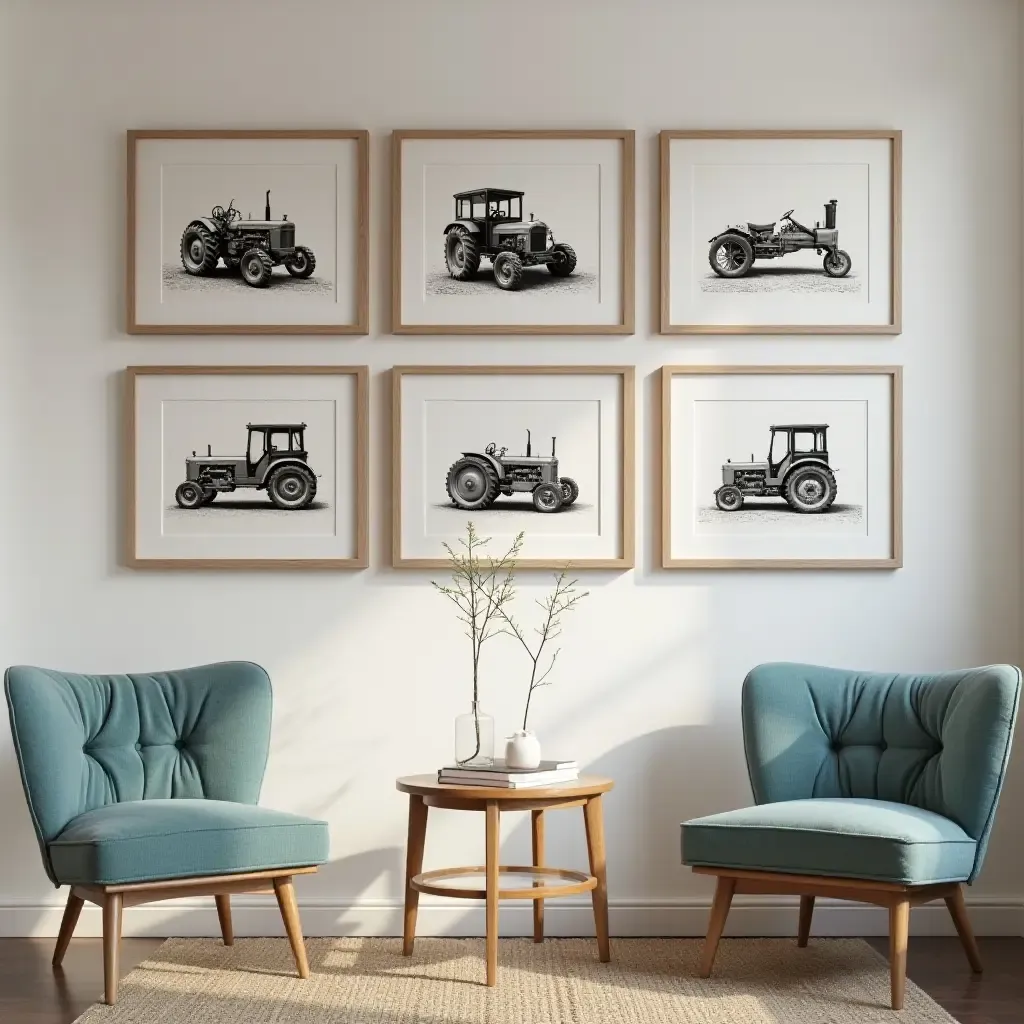 a photo of a gallery wall with framed vintage machinery prints