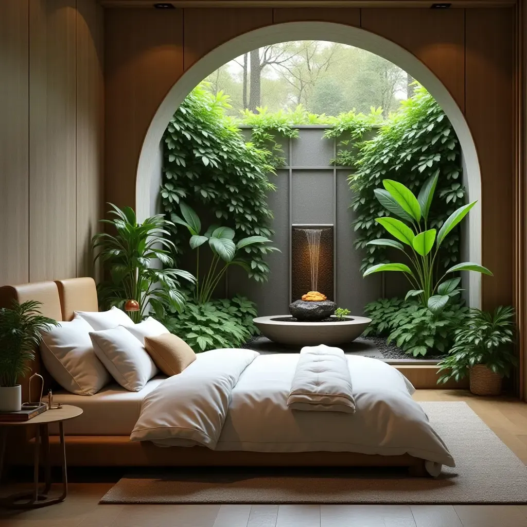 a photo of a peaceful bedroom with a small indoor fountain and greenery