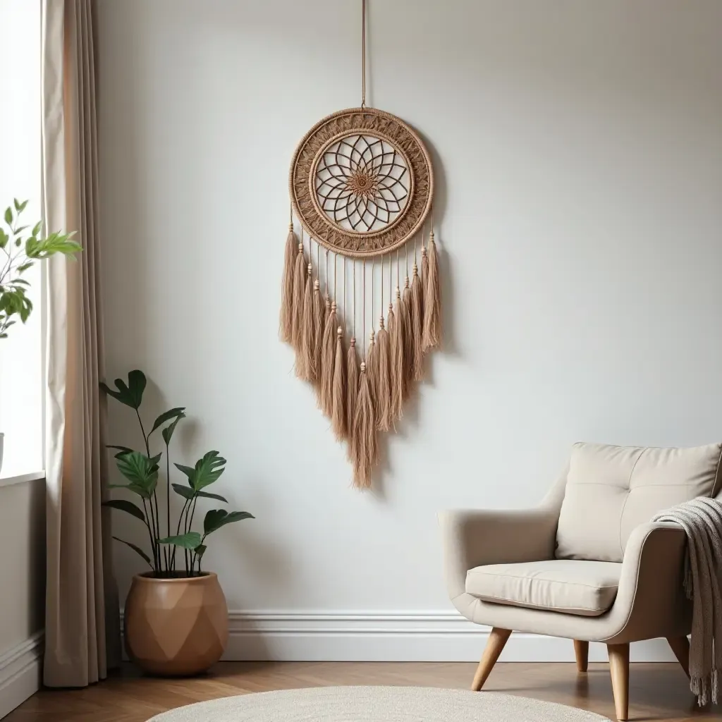 a photo of a bohemian dreamcatcher hanging in a contemporary space