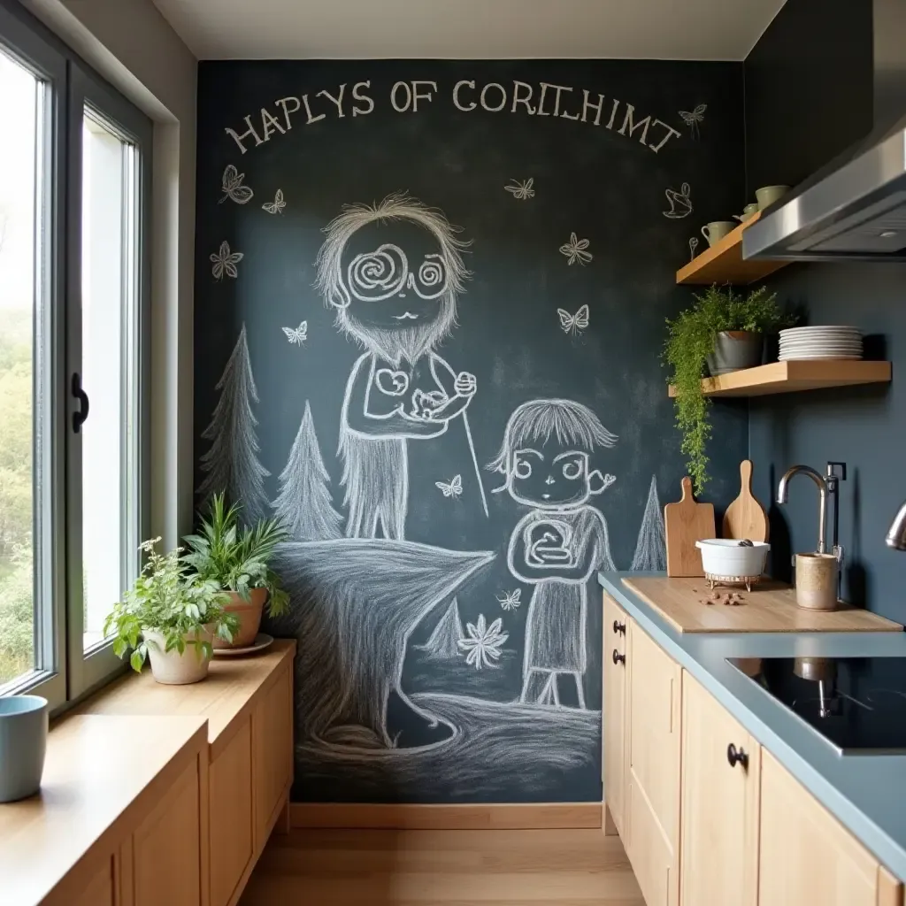 a photo of a playful chalk mural on a kitchen wall