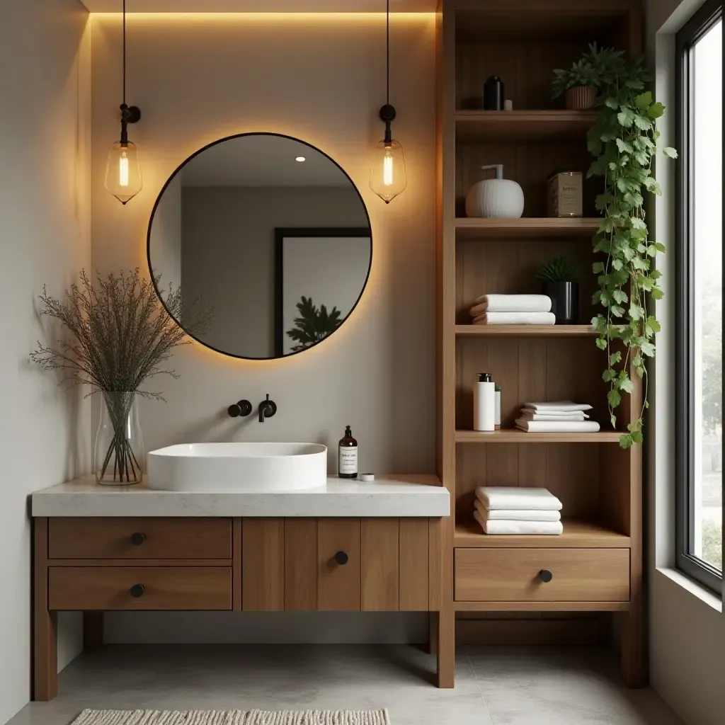 a photo of a trendy bathroom with a repurposed bookshelf