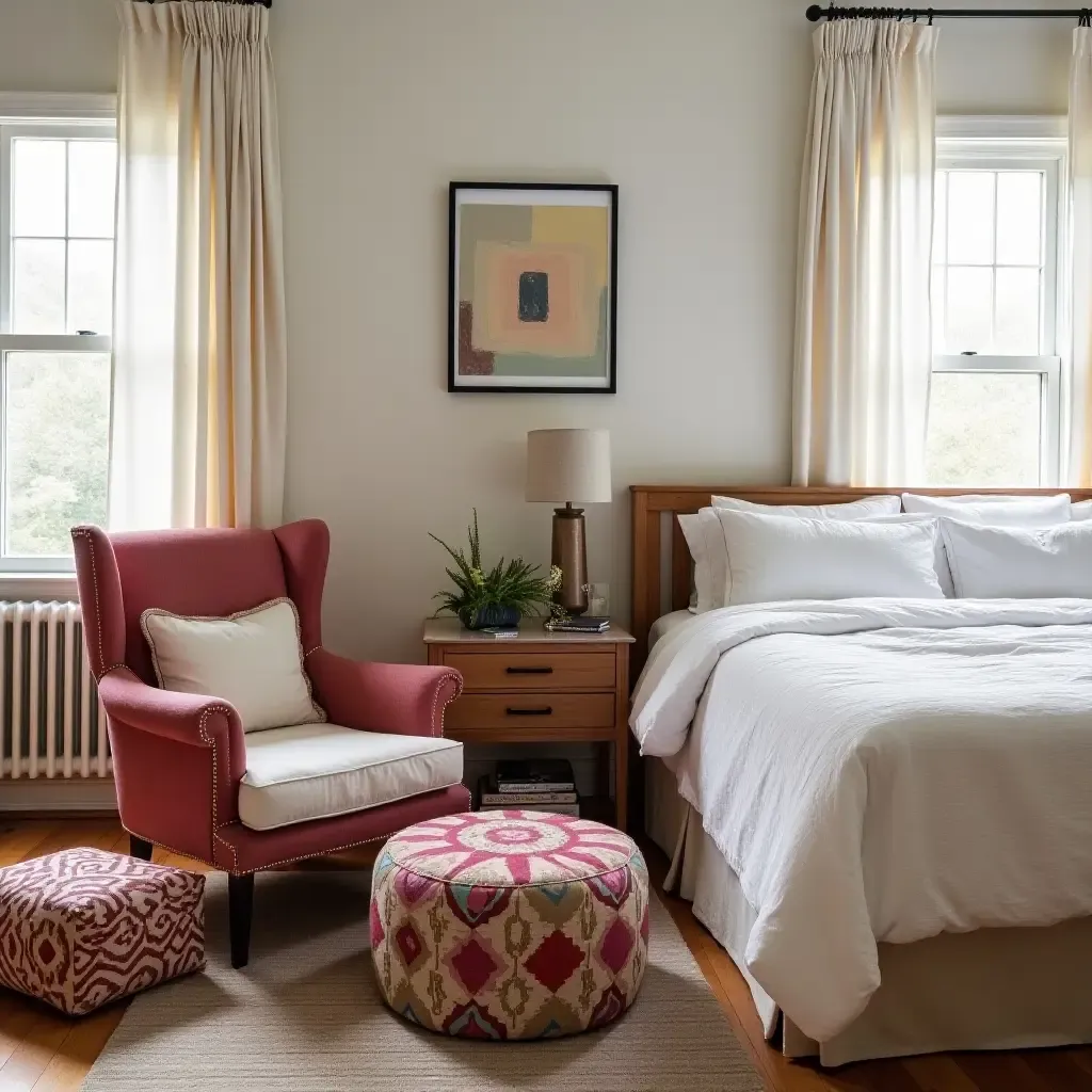 a photo of a chic boho bedroom featuring a vintage armchair and patterned poufs