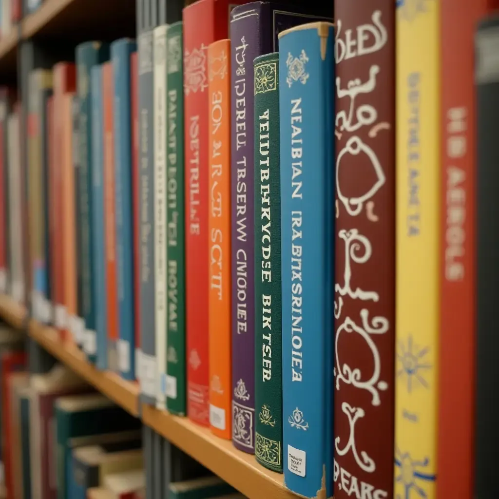 a photo of hand-painted book spines on a library wall