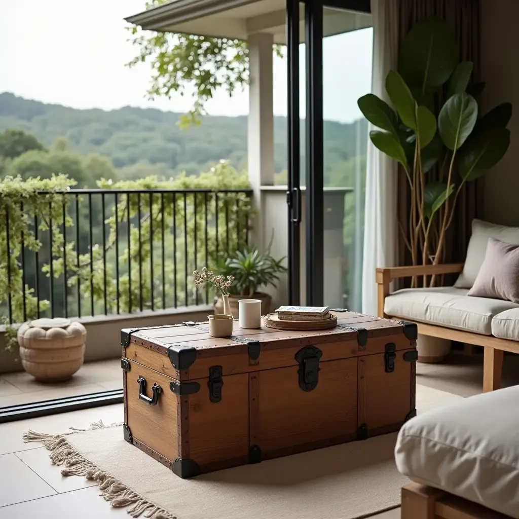 a photo of a balcony with a vintage trunk used as a coffee table